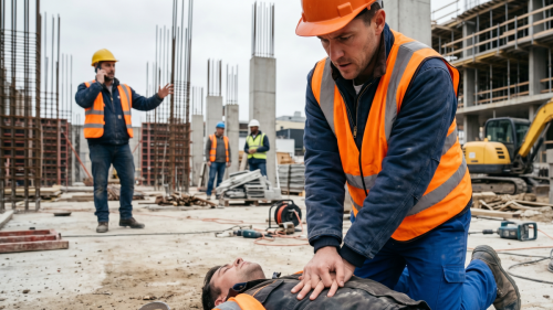 On-site CPR training in action: a construction worker performs chest compressions on an unconscious coworker while another calls 911 at an active job site mobile medical corporation